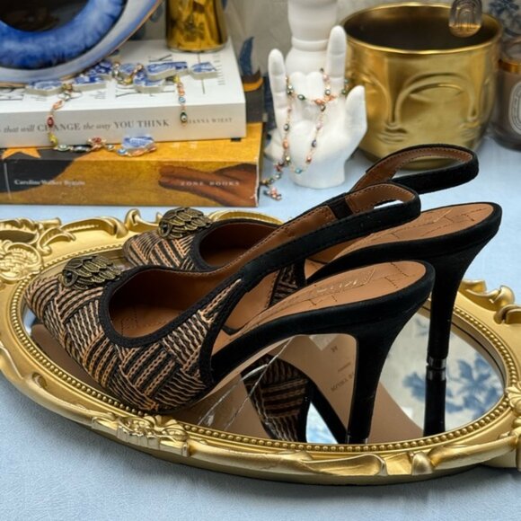 🆕 KURT GEIGER LONDON 🧿 NWOB Belgravia Slingback Heel, Black & Tan Raffia, Sz 6 - Picture 10 of 15